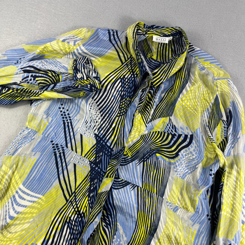 Masai Womens Abstract Print Viscose Button Down Tunic Shirt Blue Yellow L